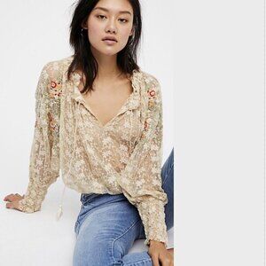 FREE PEOPLE Jubilee Embroidered Mesh Top Floral Ivory Boho
